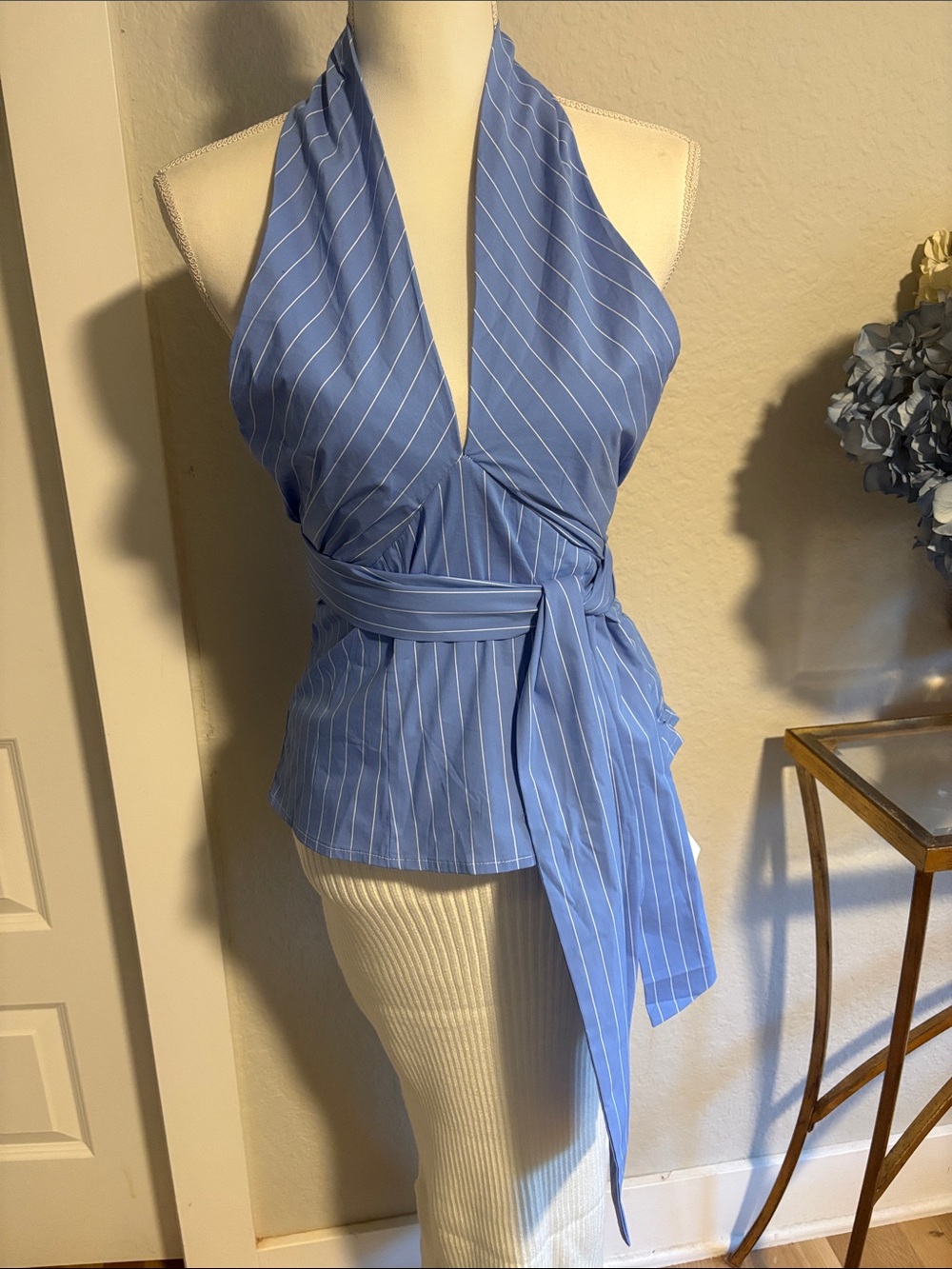 Commense Pin-Striped Halter Wrap Top in Light Blue